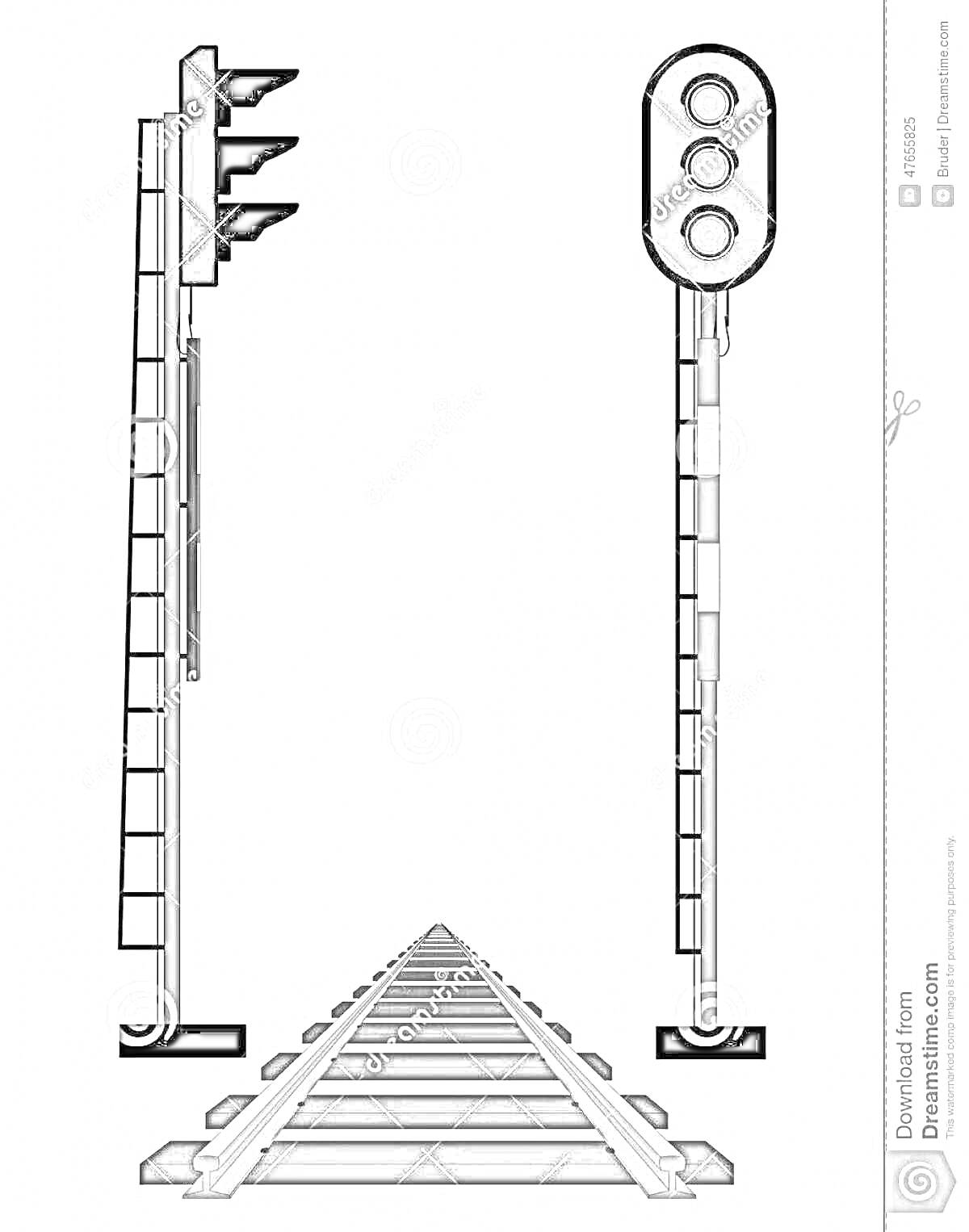 Раскраска Железнодорожный семафор с двумя столбами и железной дорогой