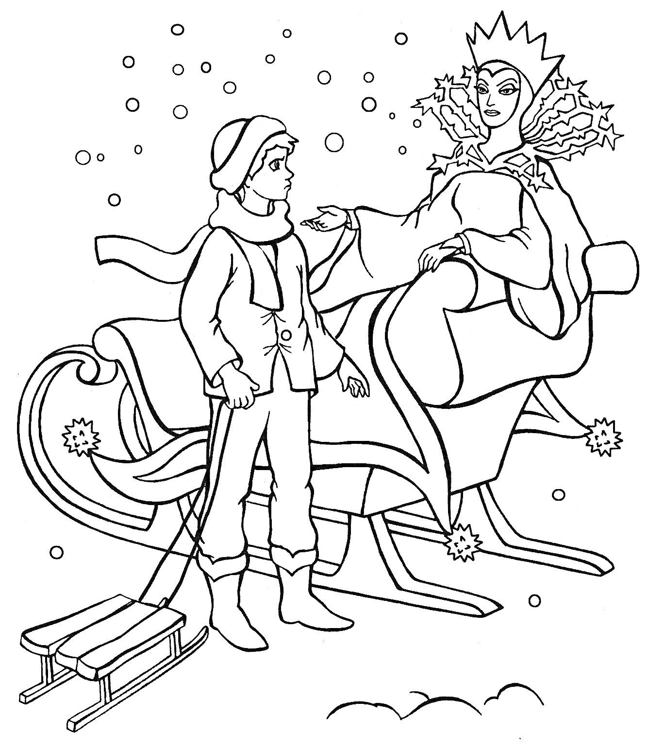Снежная королева в санях, мальчик в зимней одежде с санками, снежинки