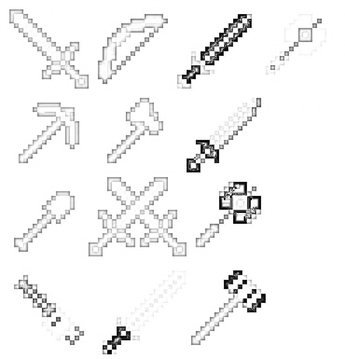 Раскраска Оружие из Майнкрафт по клеточкам (мечи, луки, топор, пика, кинжал, молот)