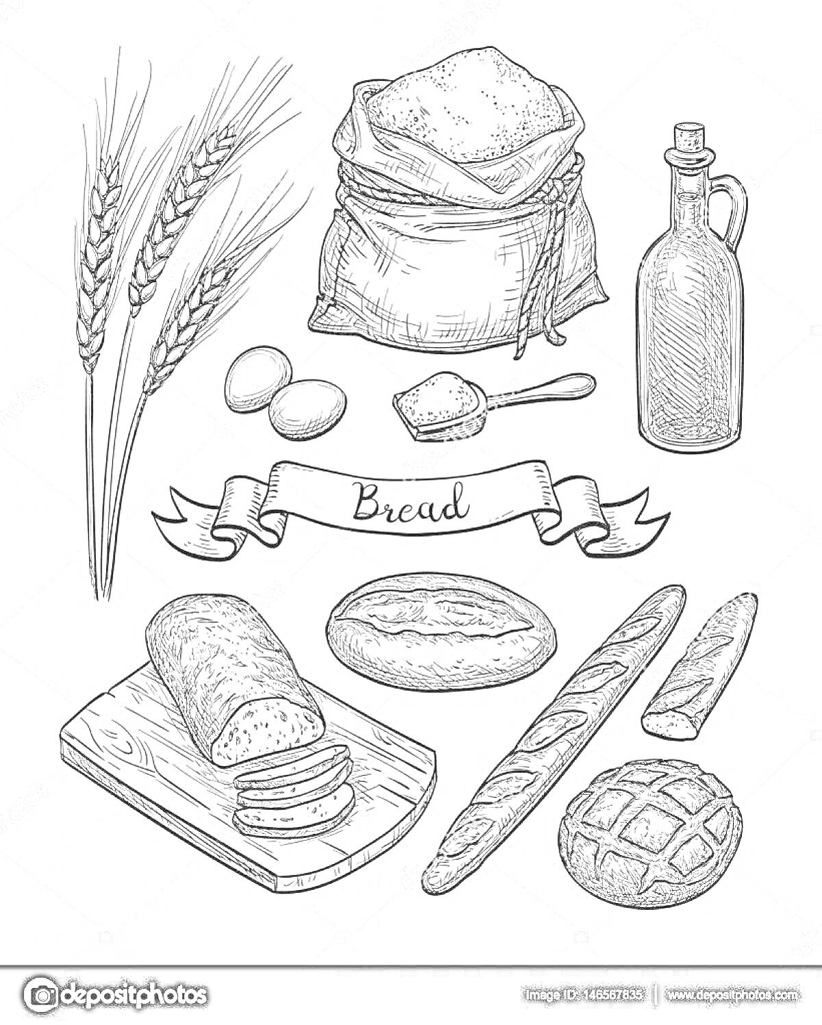 На раскраске изображено: Пшеница, Мука, Яйца, Ложка, Масло, Хлеб, Буханка, Багет, Батон, Продукты, Ингредиенты