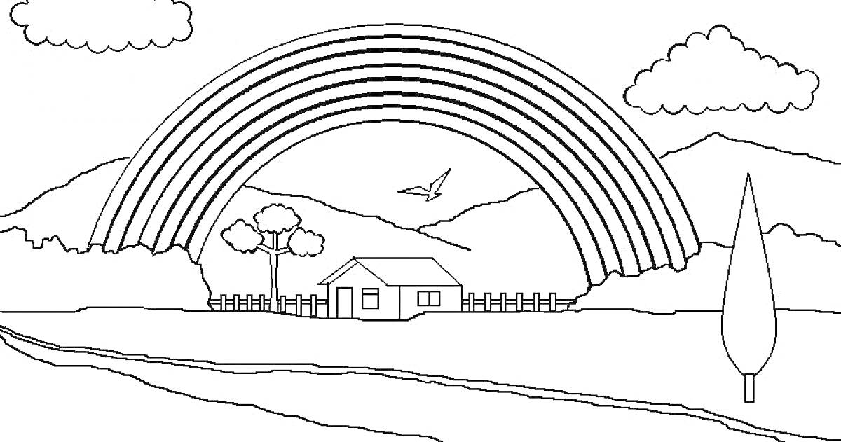 Раскраска Домик у подножия гор с радугой, птицей, деревьями и облаками