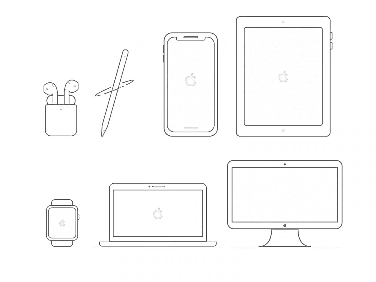 Раскраска Телефоны, планшеты, умные часы, ноутбук, компьютерный монитор, беспроводные наушники, стилус