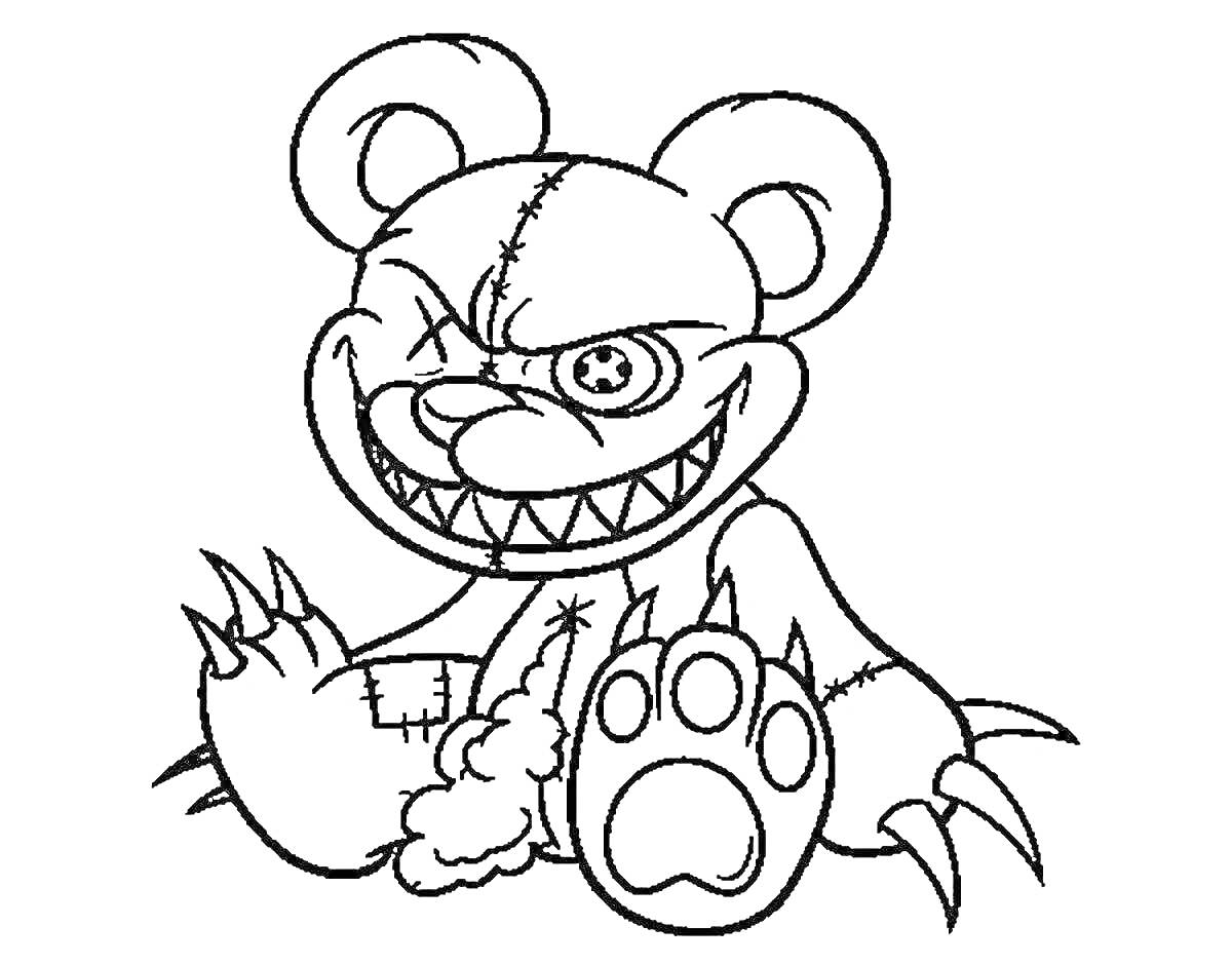  Мишка Фредди с одним закрытым глазом, пуговицей вместо второго глаза, с разорванной лапой и когтями