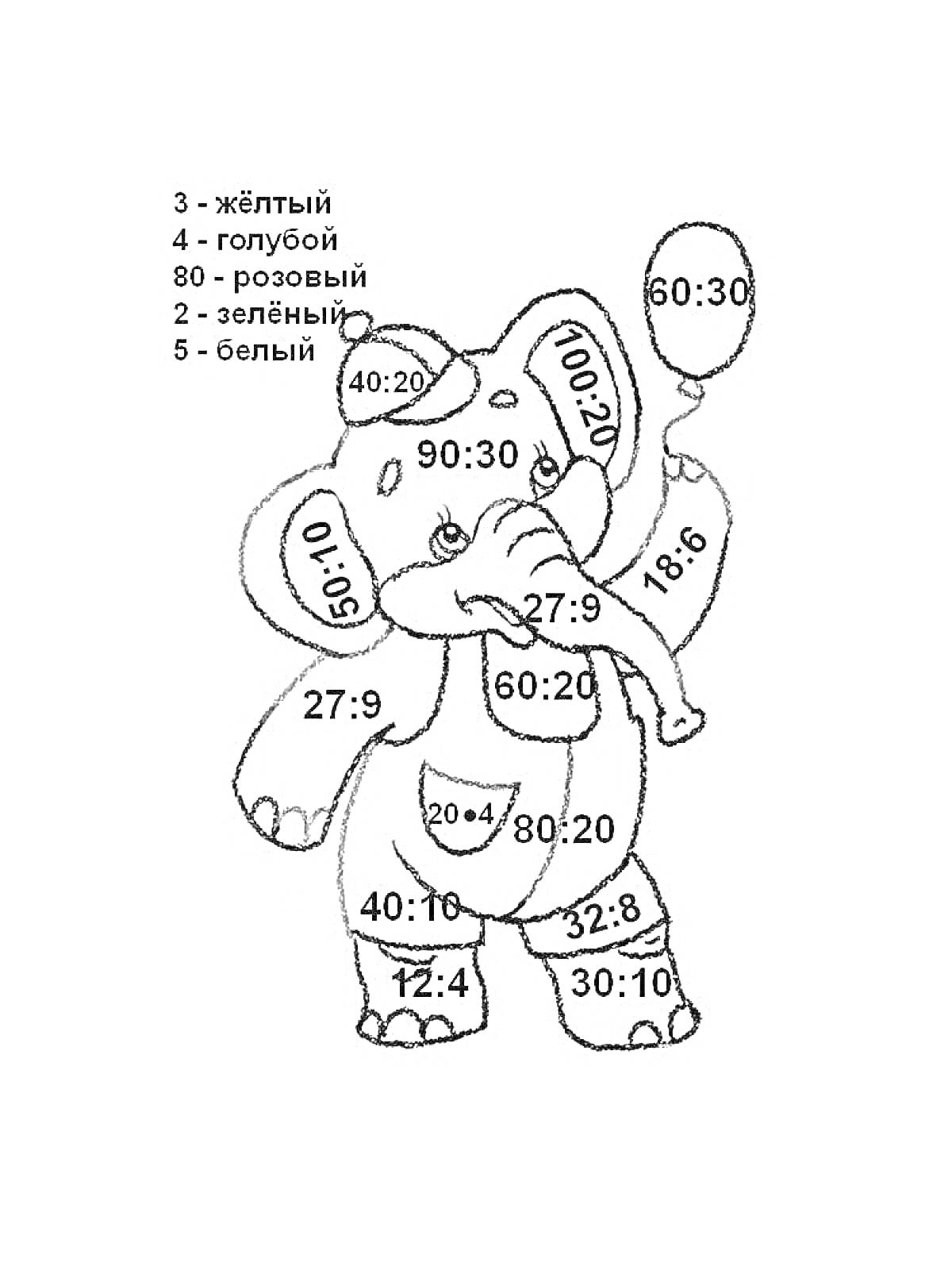 Раскраска Слон с шариком и номерами для раскраски, упражнения по делению с остатком для 3 класса