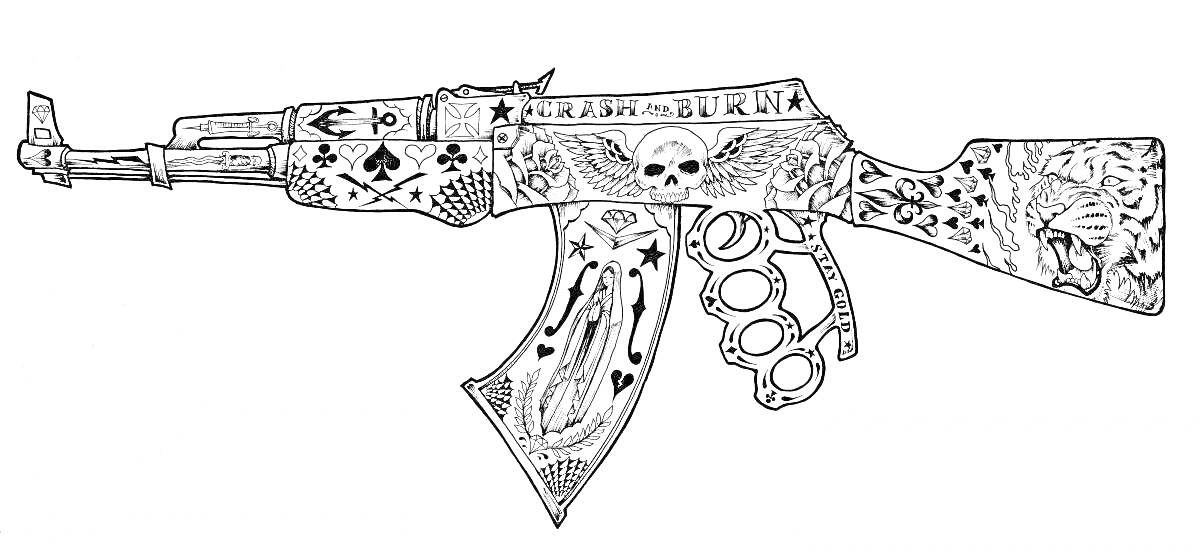 АК-47 с художественными элементами, черепом, крестами, узорами карт, паутиной, боксерским кастетом, и религиозным изображением