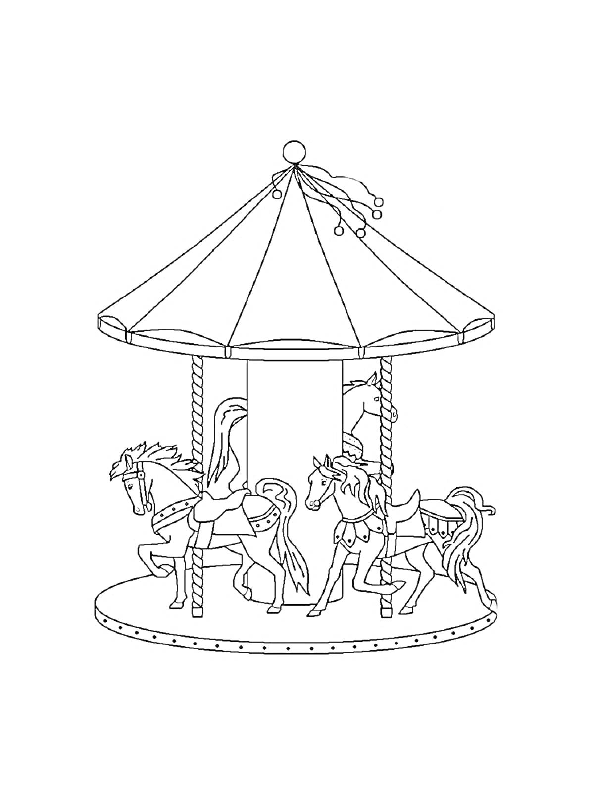 Раскраска Карусель с конями под куполом с флагом и веревочными столбами