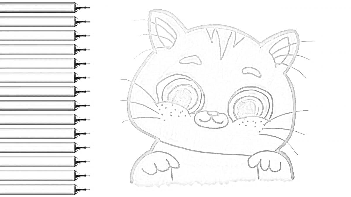 Раскраска Котёнок с большими глазами и рядом с цветными карандашами