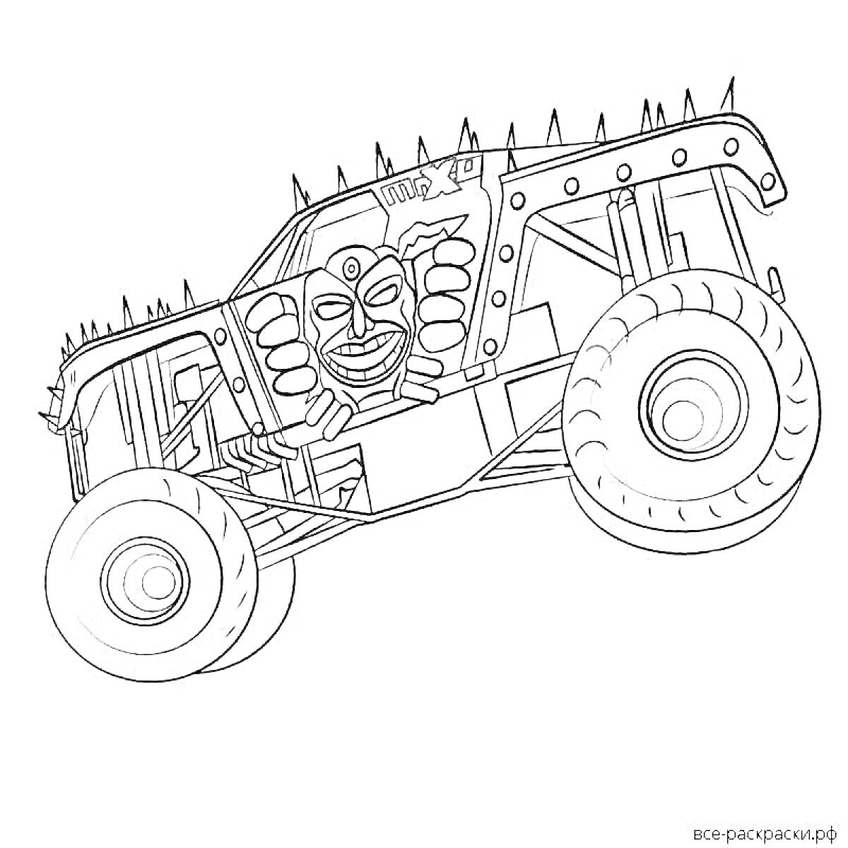 На раскраске изображено: Шипы, Маска, Колёса, Внедорожник