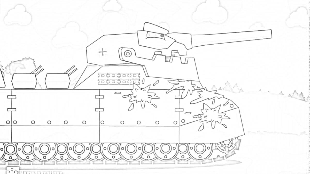 Раскраска Танк Ратте с артиллерийским орудием, пулеметами и гусеницами на фоне поля с деревьями и облаками