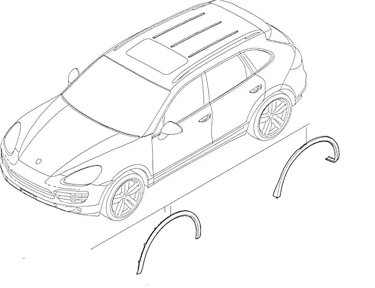 Раскраска Порше Кайен с видимыми деталями кузова и крыши, дугами для багажника на крыше и колесными арками