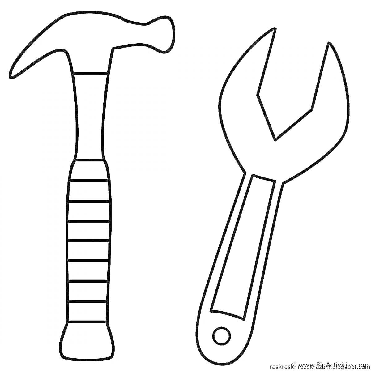 На раскраске изображено: Молоток, Гаечный ключ, Строительные инструменты, Для детей, Работа, Ремонт, Инструмент, Контурные рисунки