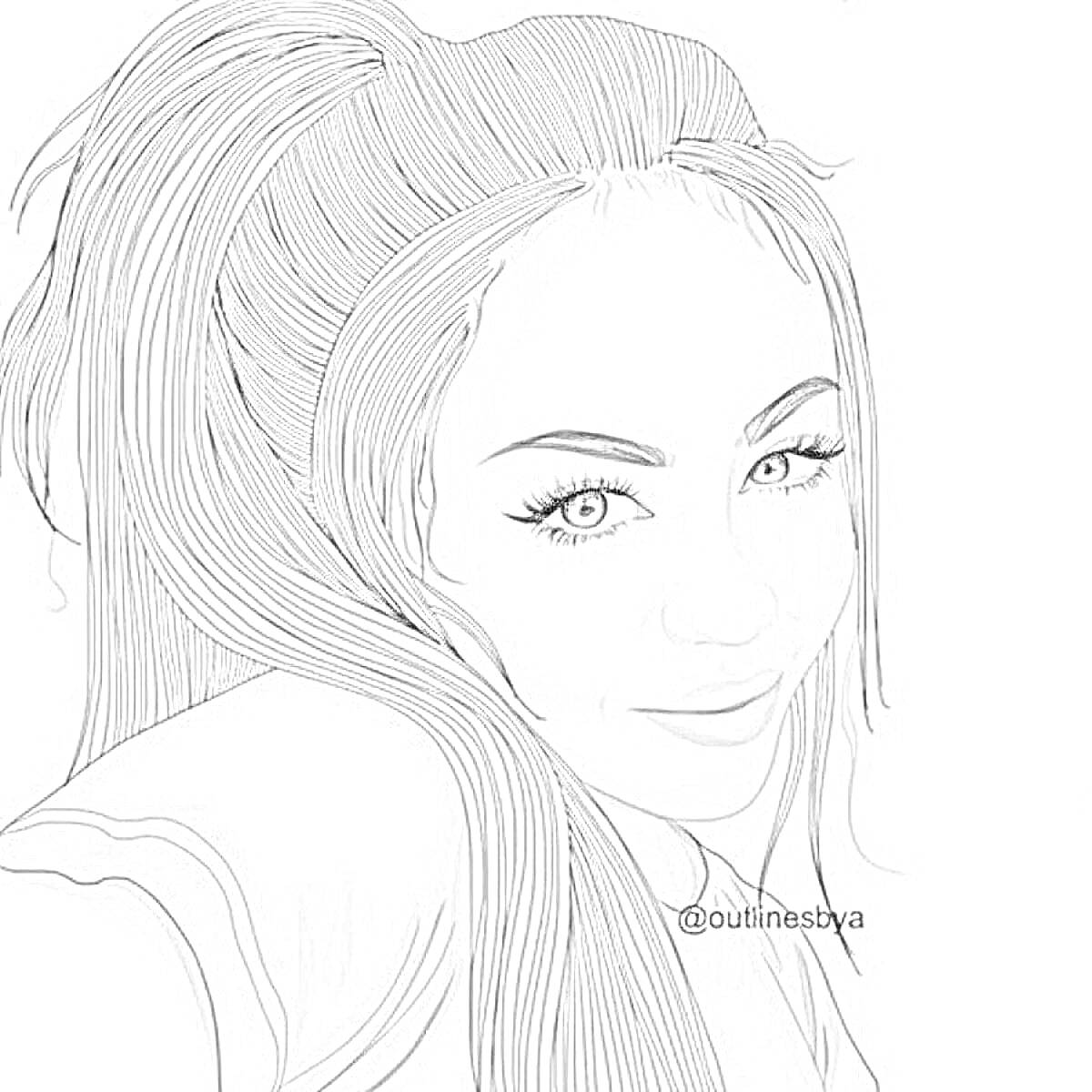 Раскраска Портрет девушки с длинными волосами, собранными в высокий хвост, выразительными глазами и легкой улыбкой