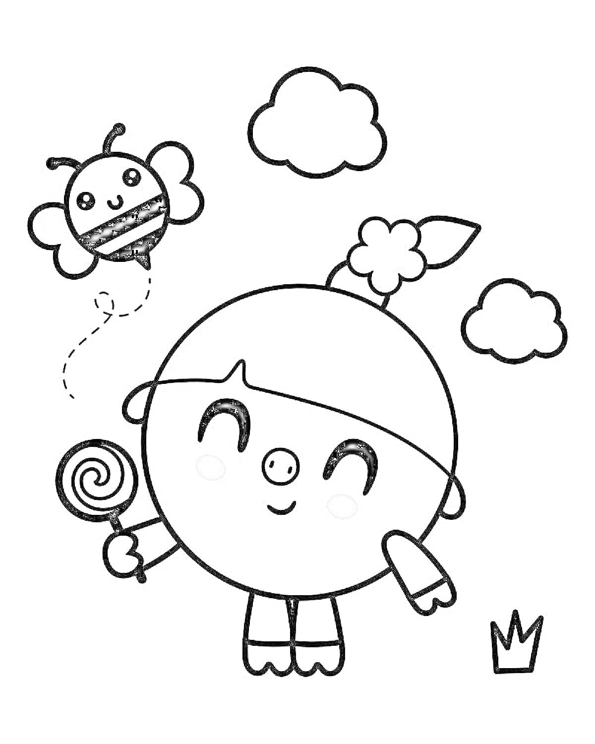На раскраске изображено: Малышарики, Облака, Корона, Детский персонаж