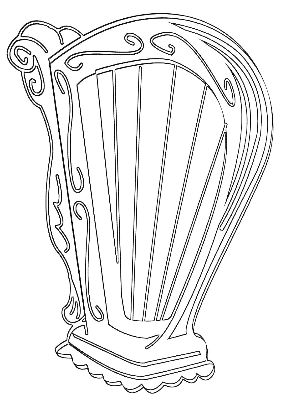 Раскраска Арфа с декоративными элементами и струнами.