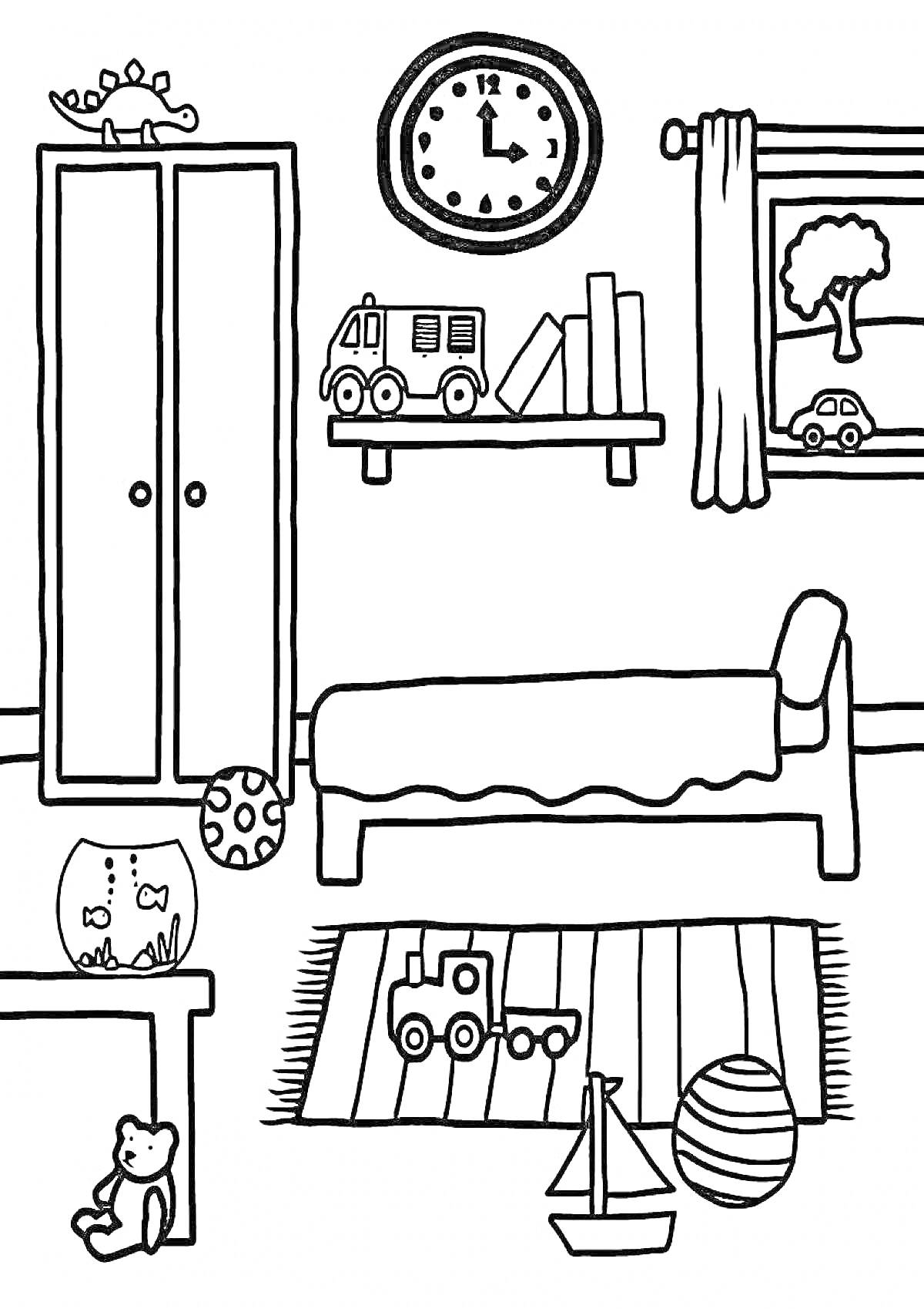 Раскраска Детская комната с мебелью и игрушками Элементы на фото: шкаф с игрушечным динозавром сверху, часы на стене, полка с книгами и игрушечной машинкой, кровать, окно с занавесками и видом на дерево, игрушечная машинка на подоконнике, ковер с игрушечной машинко