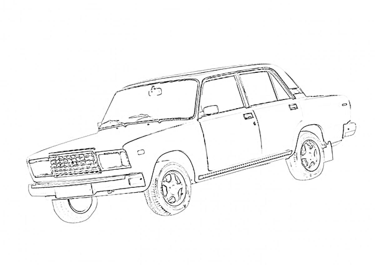 На раскраске изображено: ВАЗ 2107, Седан, Колёса, Кузов, Ретро машина, Линия рисунка