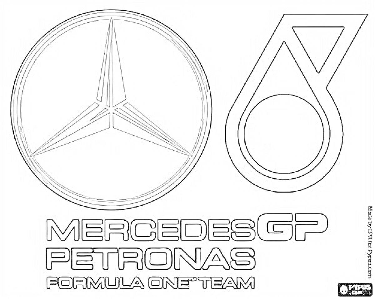 На раскраске изображено: Мерседес, Mercedes, Формула 1, Команда, Автоспорт, Гонки