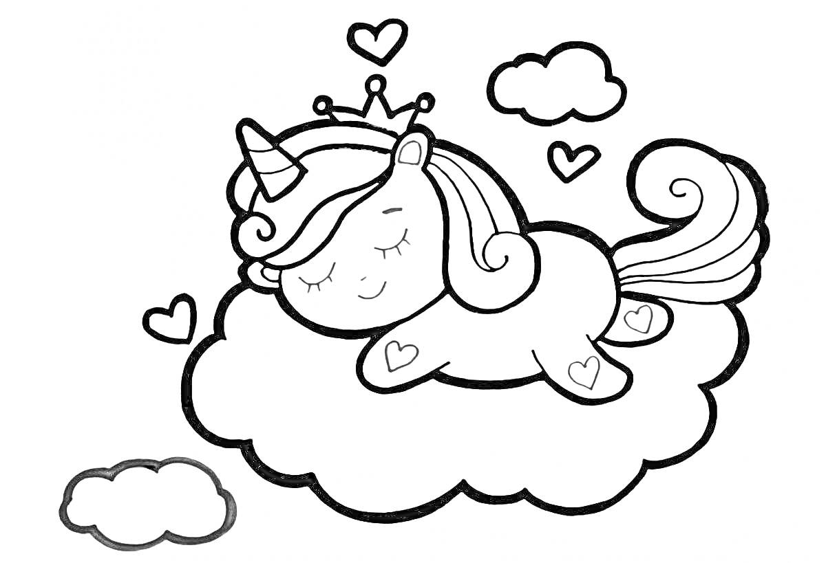 Раскраска Единорог с короной на облаке, окруженный сердцами и облаками