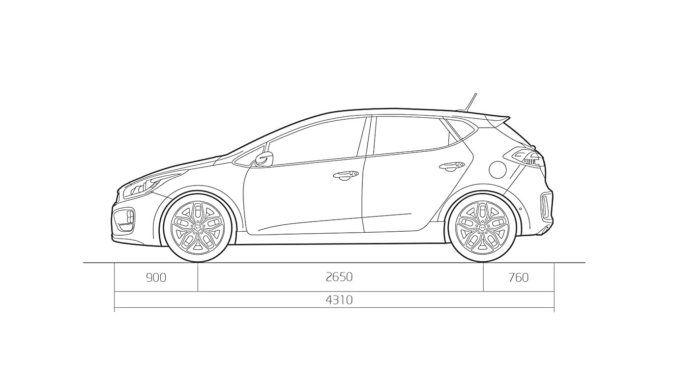 Раскраска Черно-белое изображение автомобиля Kia Cee'd с указанием размеров: длина, база, передний и задний свесы