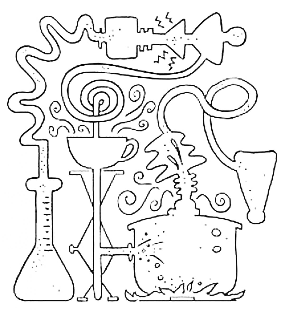 Раскраска Лабораторное оборудование с ретортой, пробиркой, колбой, горелкой и дистилляционной установкой