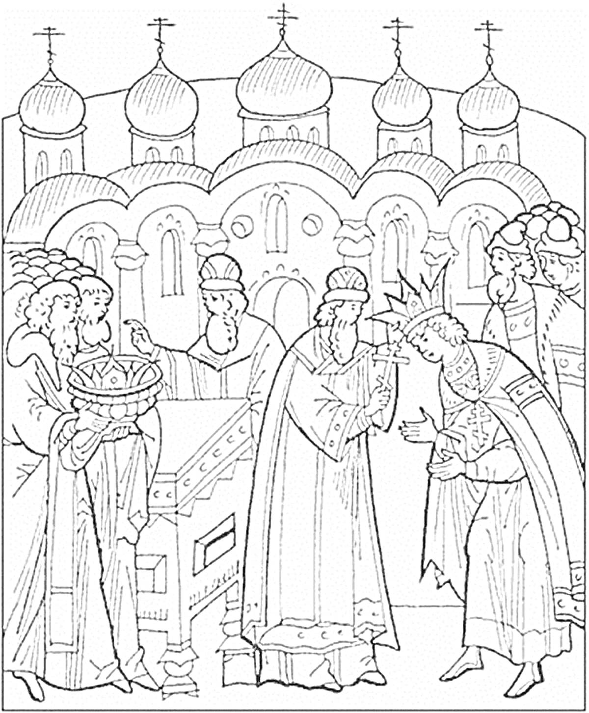 Раскраска Князь Владимир, обряд посвящения, священники в церковных одеяниях, храм с куполами на заднем плане