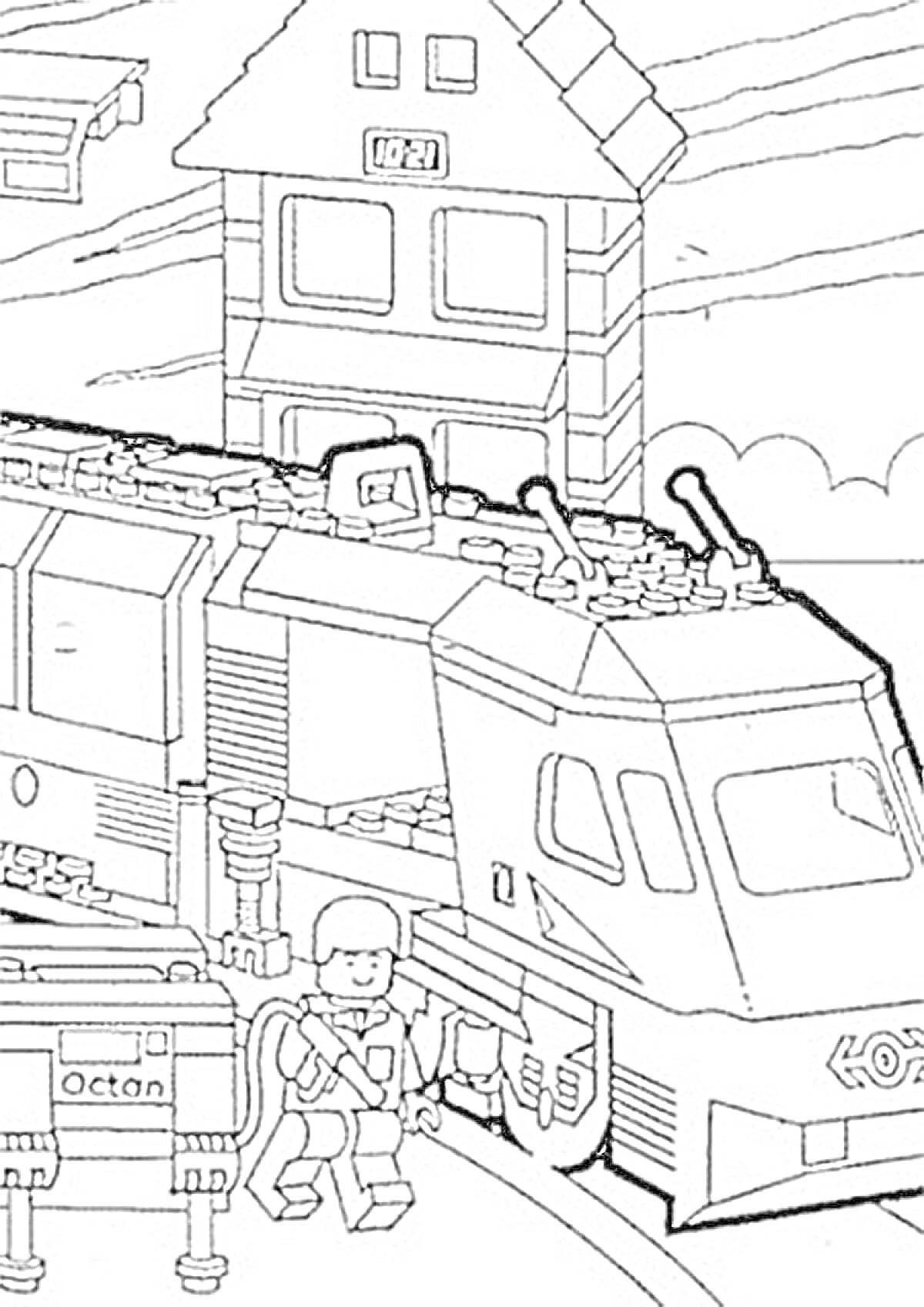 На раскраске изображено: Железная дорога, Вокзал, Машинист, Игра, Конструкция, Игрушки, Для детей, Постройки