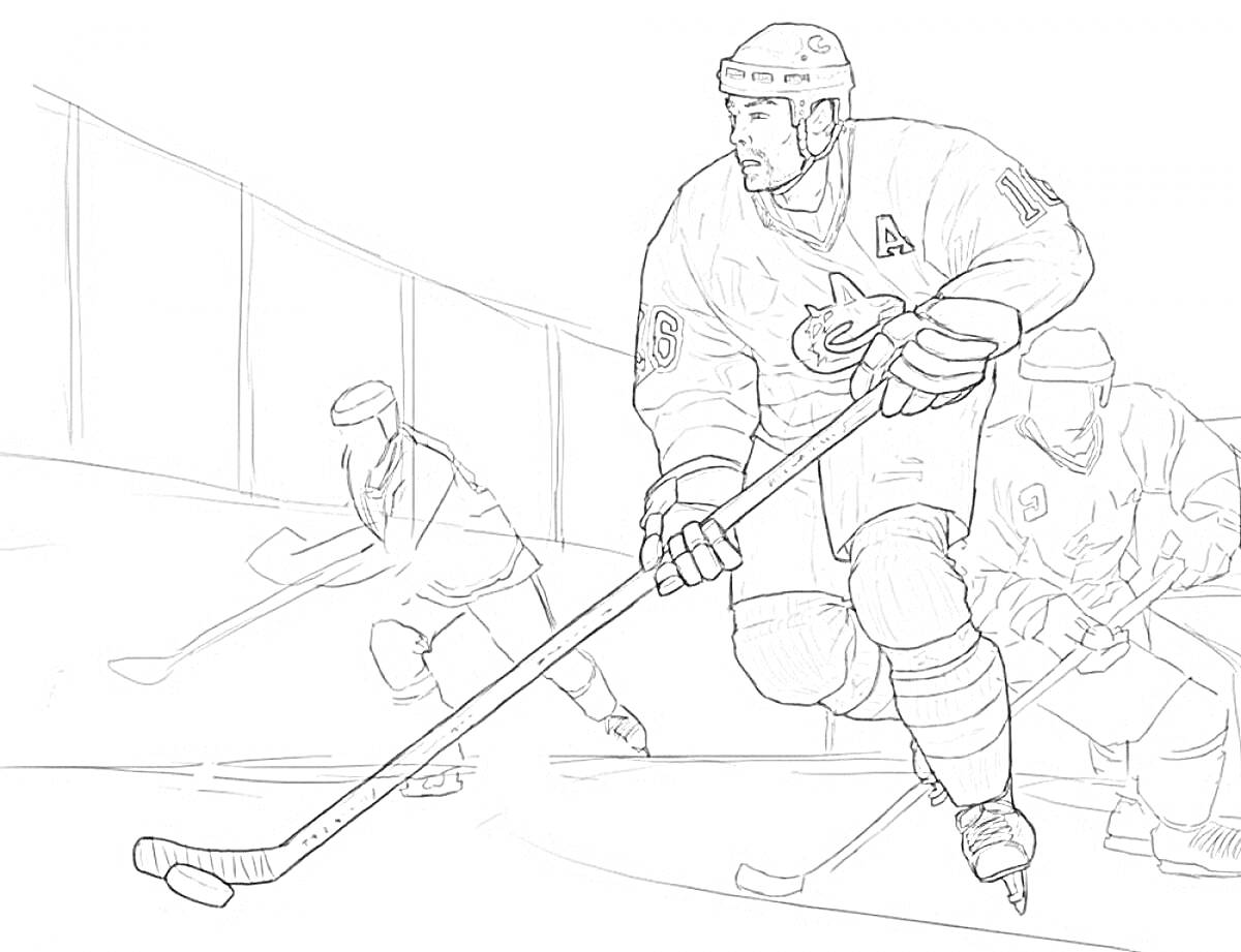 Раскраска Хоккейный матч: три игрока на льду с клюшками, шайба, бортик