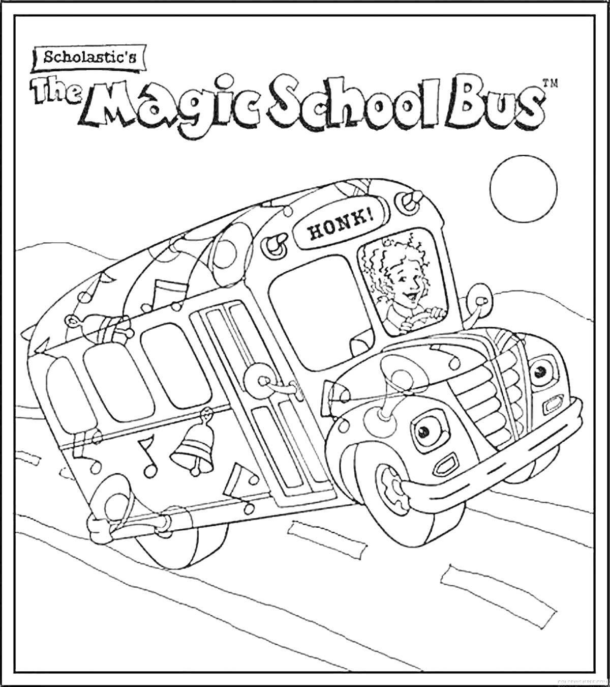 На раскраске изображено: Школьный автобус, Солнце, Надпись, Персонаж