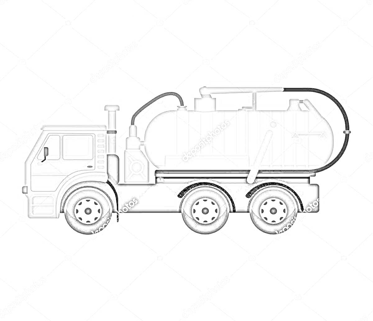 Раскраска Ассенизаторская машина с цистерной и шлангом