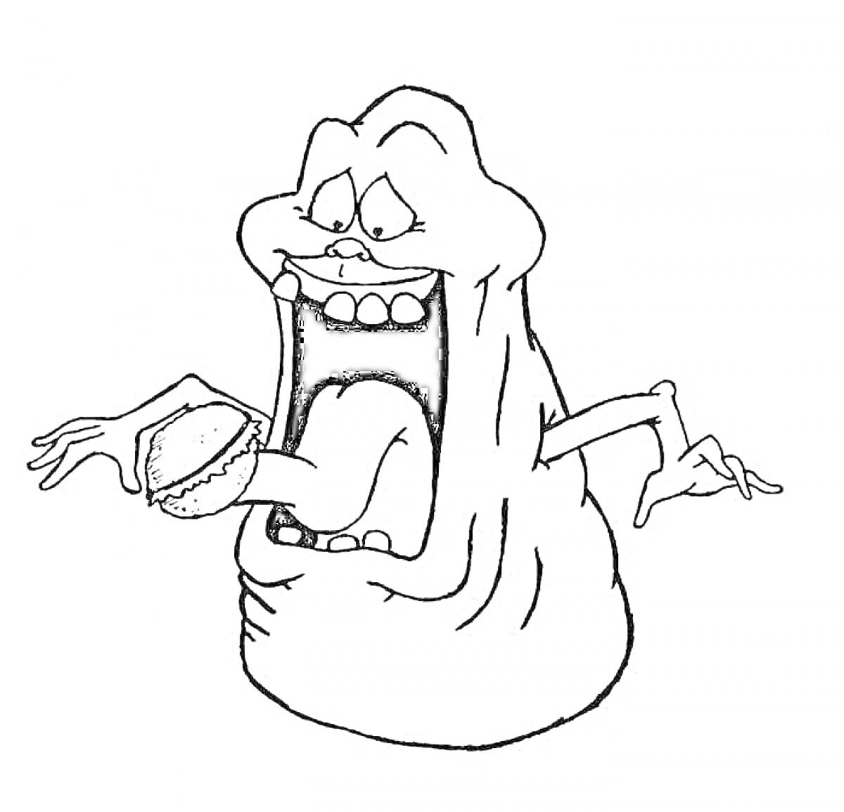 Раскраска Лизун с широко раскрытым ртом, держащий бургер