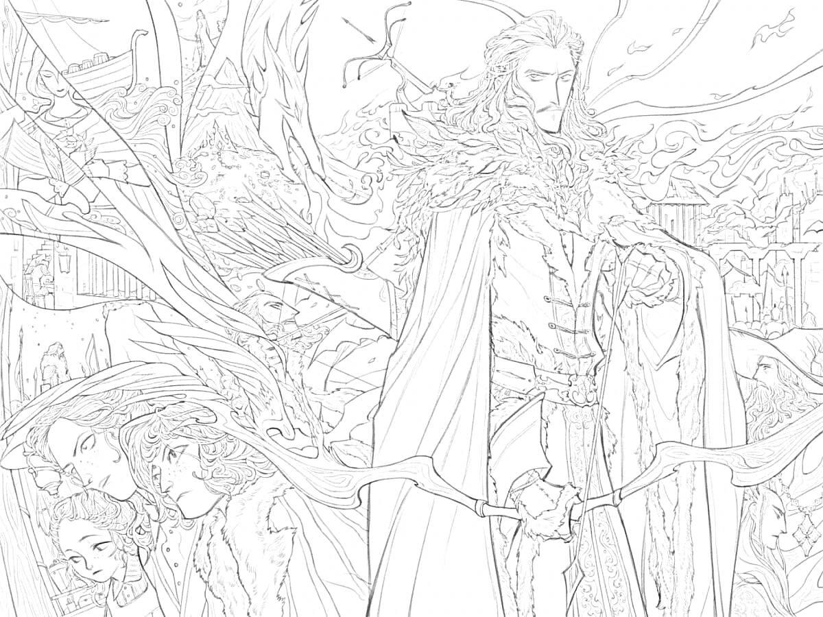 Раскраска Воин с длинным мечом в окружении сказочных персонажей и пейзажей