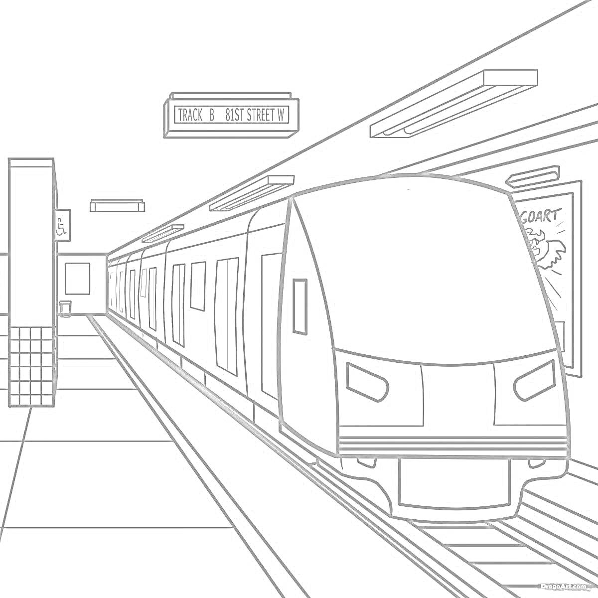 Раскраска Платформа московского метро с поездом, информационной табличкой, рекламным плакатом и потолочными светильниками