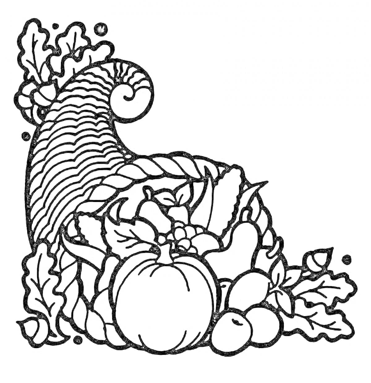 На раскраске изображено: Тыква, Кукуруза, Листья, Плоды, Осень, Урожай, Яблоко, Груши, Праздники