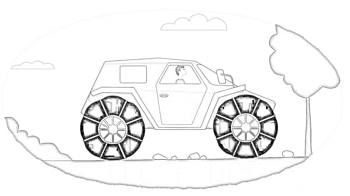 Раскраска Внедорожник с большими колесами на фоне облаков, камней и деревьев