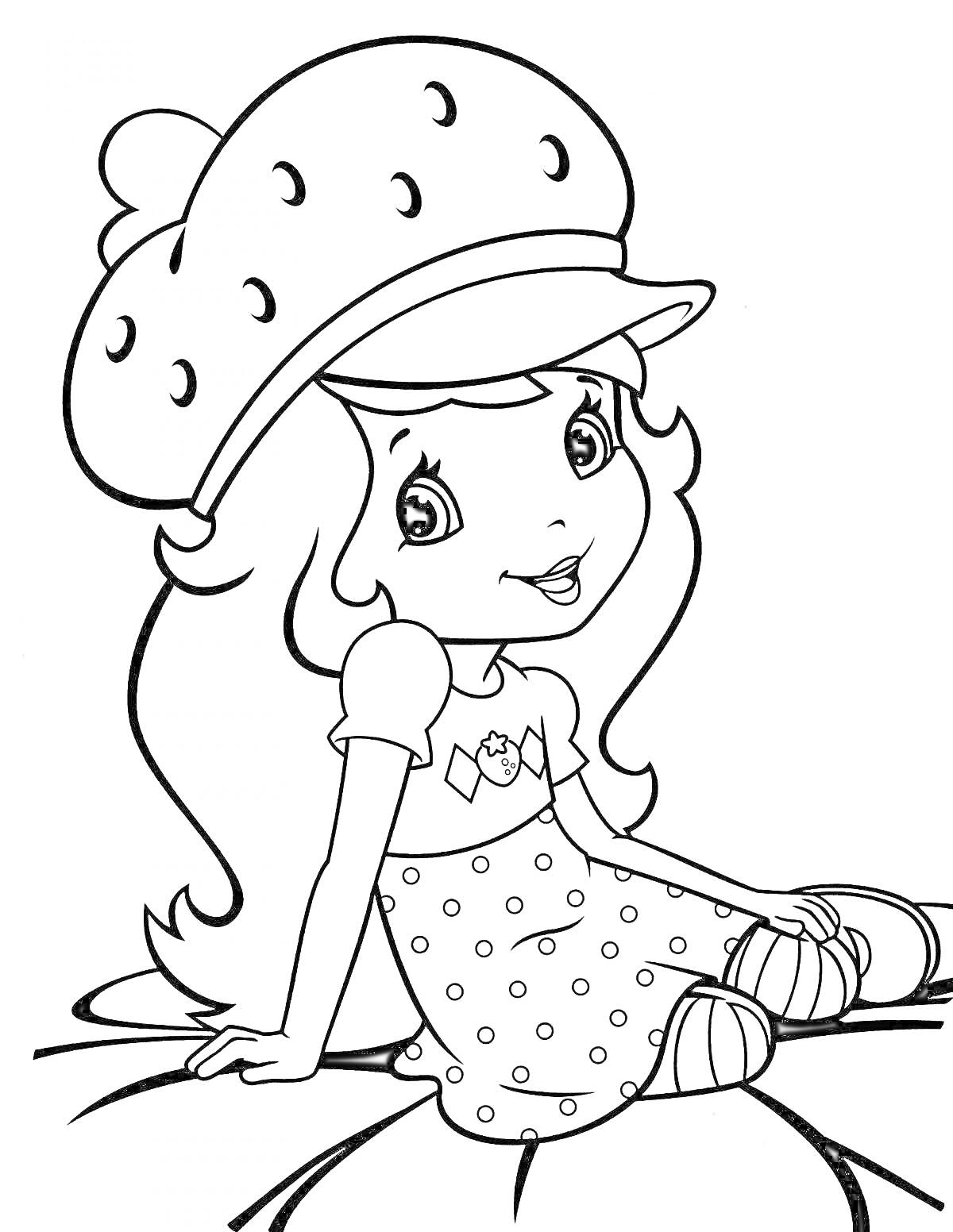 Раскраска Девочка в шляпе-землянике и платье в горошек, сидящая на клубнике