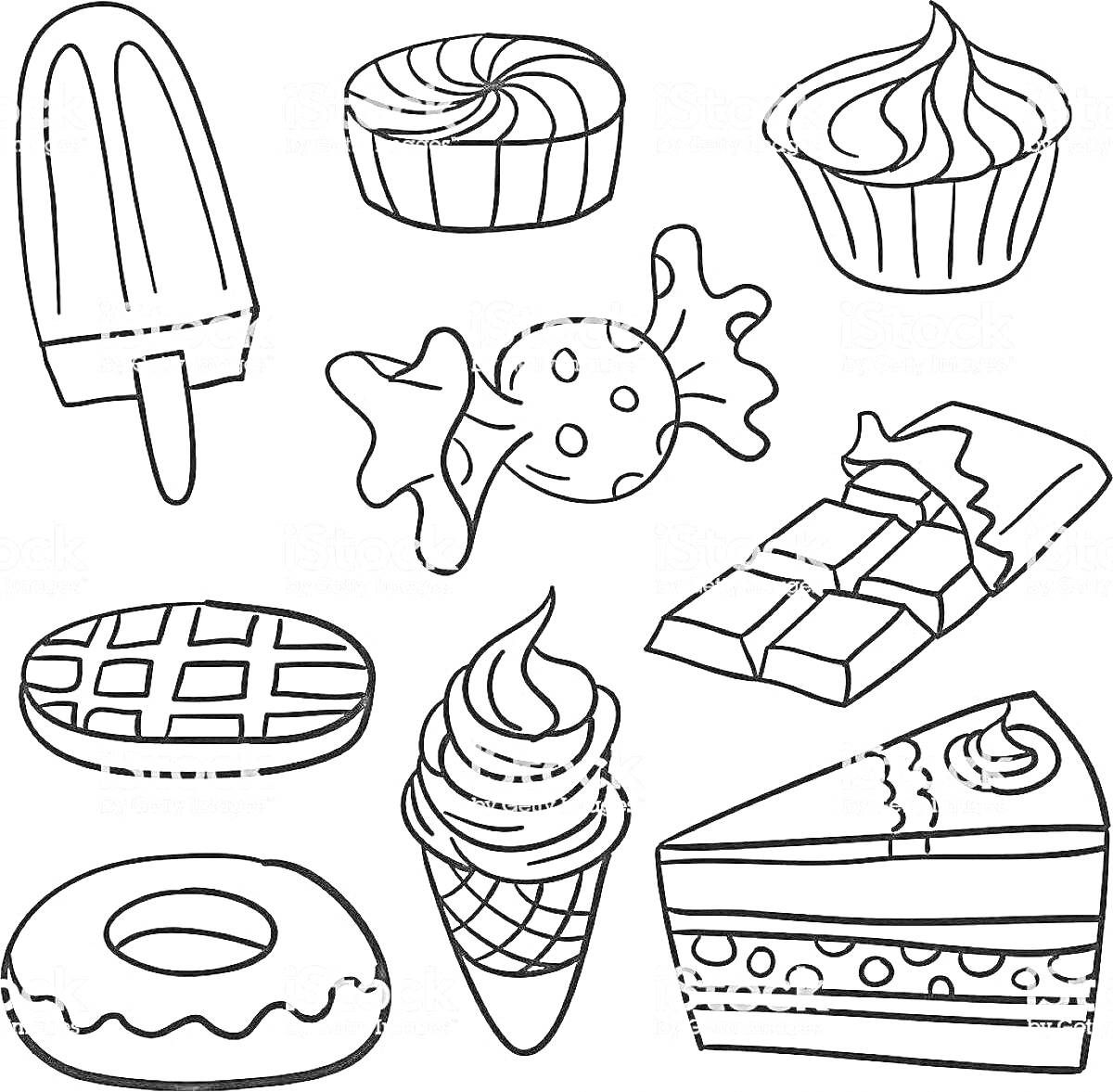 На раскраске изображено: Кекс, Шоколад, Мороженое, Пончик, Торт, Вафли, Конфеты, Капкейки, Леденцы