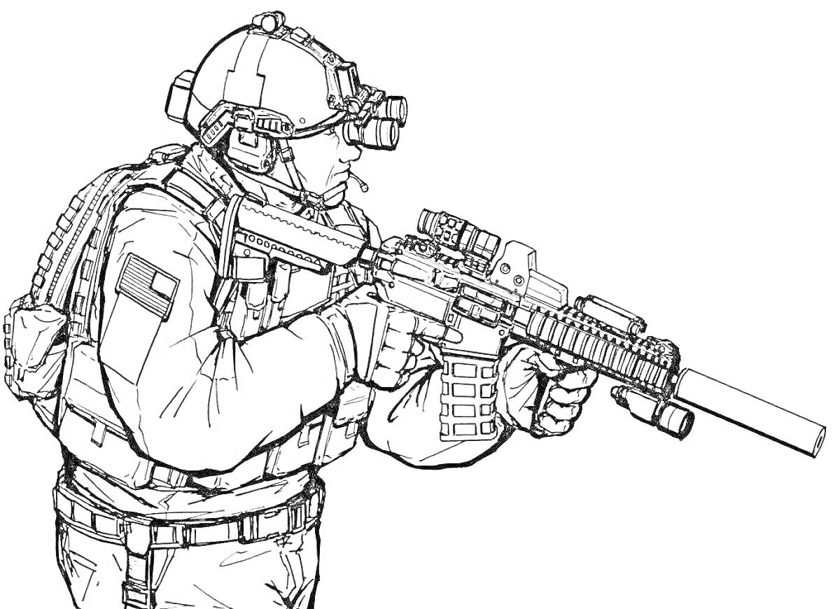 Раскраска спецназовец с ружьём в каске и бронежилете, вид сбоку