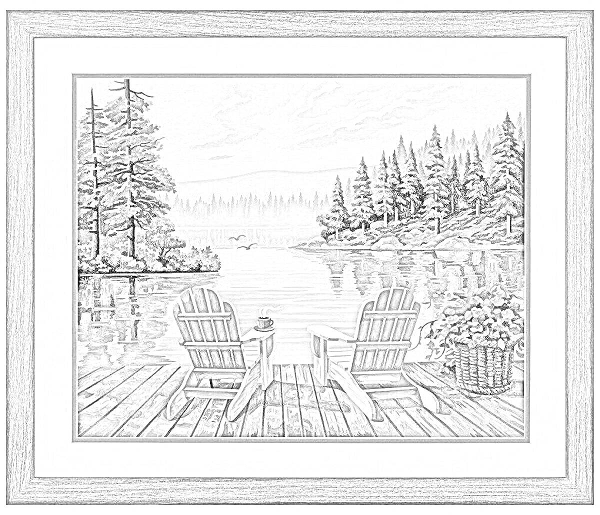 Раскраска Вид на озеро с двумя креслами Adirondack на деревянной террасе, цветочным кашпо и лесом на заднем плане