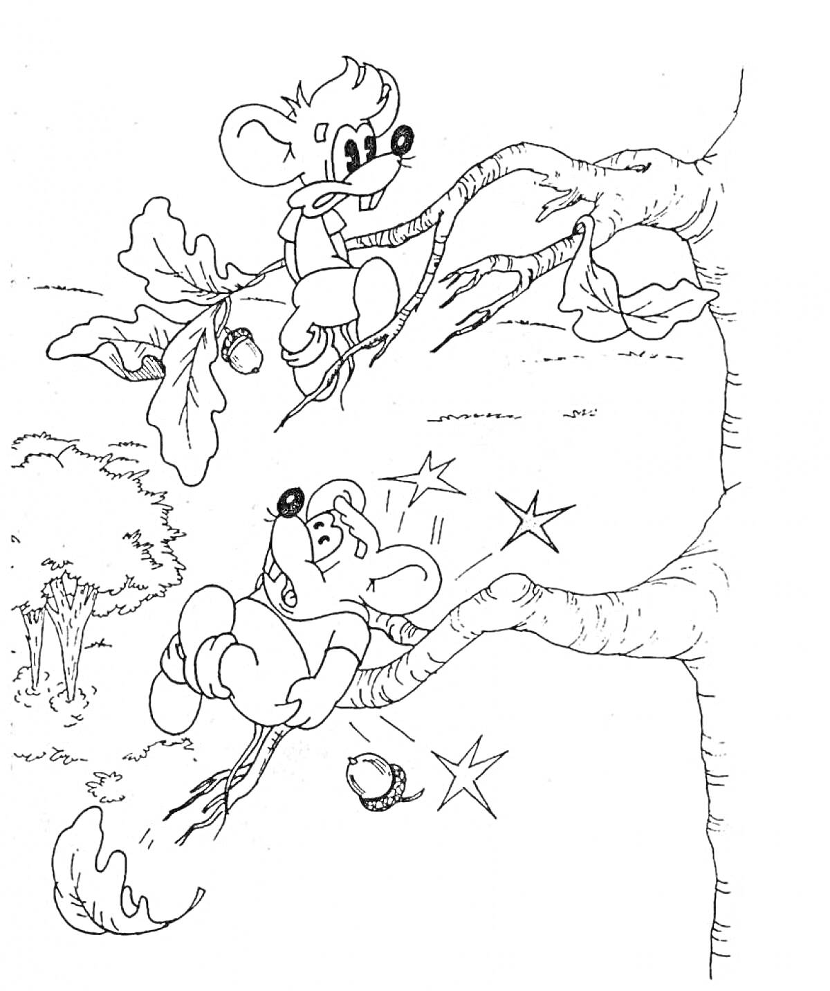 Раскраска Мыши на дереве, один мышонок падает, из элементов - дерево, листья, жёлуди, звёзды от падения, другой мышонок на ветке выше.
