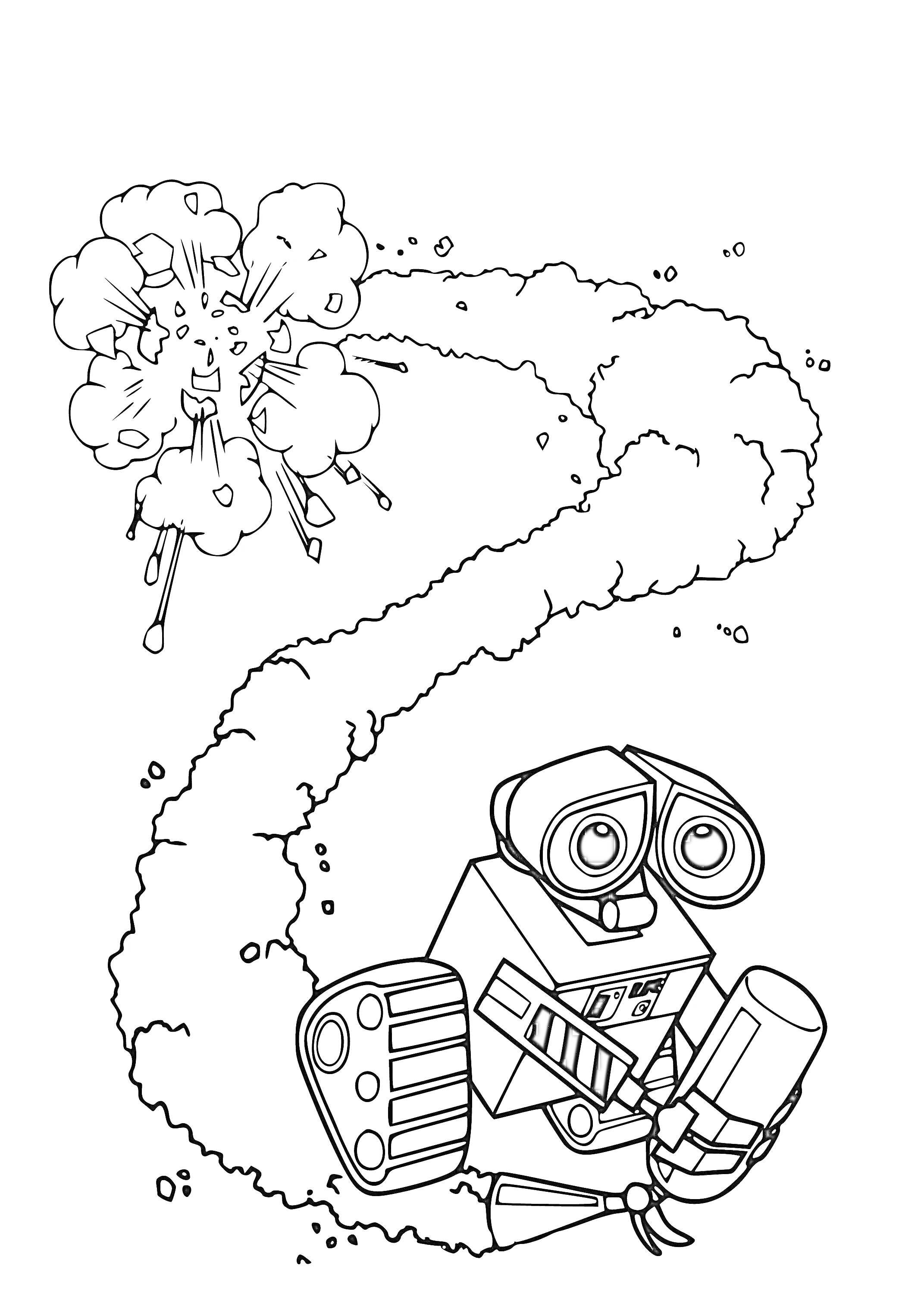 Раскраска Робот Валл-И и след от его действия, взрыв цветов