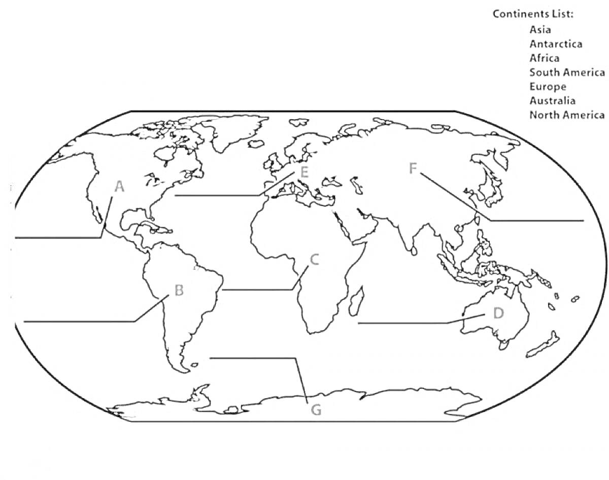 Раскраска Контурная карта мира с буквенными обозначениями и списком континентов