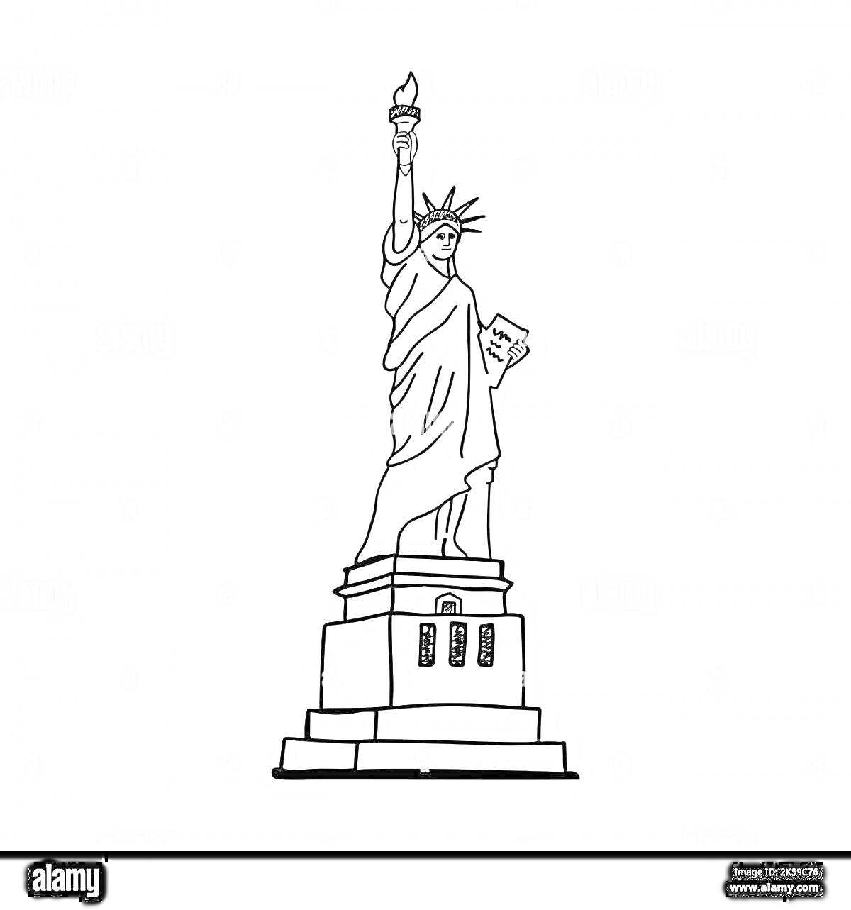 На раскраске изображено: Статуя Свободы, Факел, Табличка, Постамент, Нью-Йорк, США