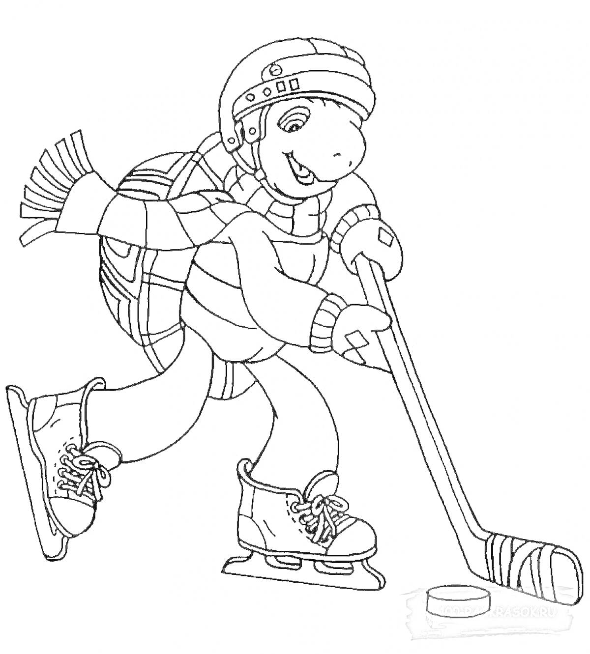 Раскраска Черепаха играет в хоккей в шлеме, шарфе и коньках с хоккейной клюшкой и шайбой.