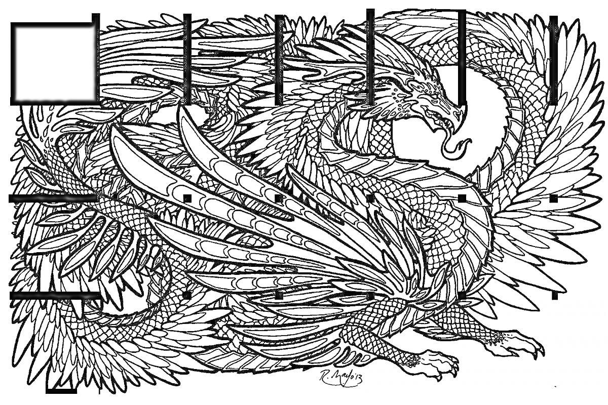 На раскраске изображено: Дракон, Крылья, Чешуя
