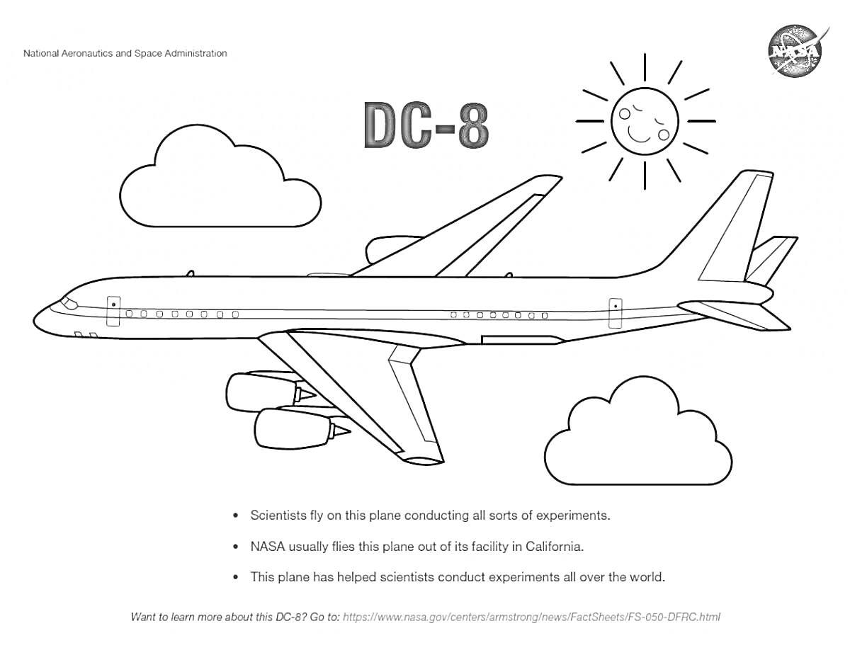 Раскраска Самолет DC-8 в небе с облаками и солнцем