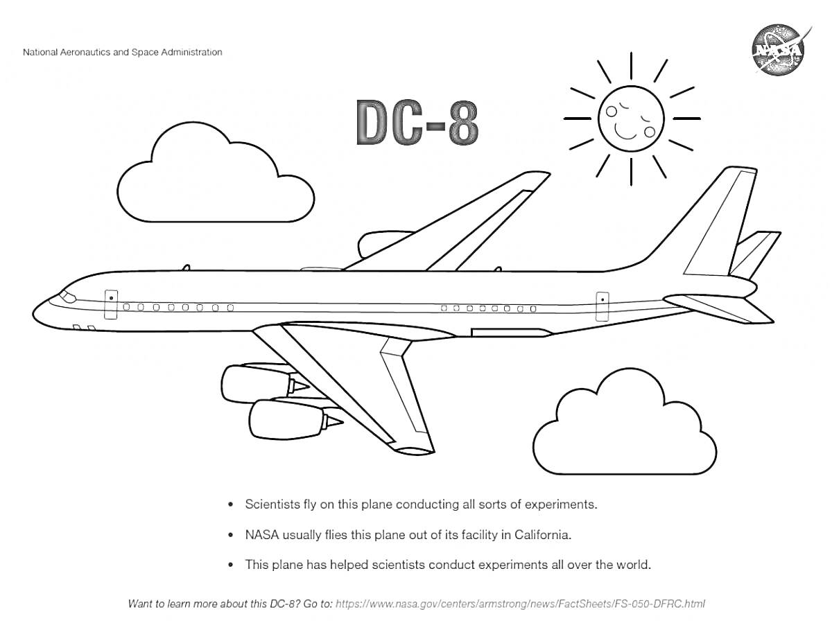 На раскраске изображено: Облака, Солнце, Для детей, Авиация, NASA, Эксперименты, Исследования, Летающий аппарат, Самолеты