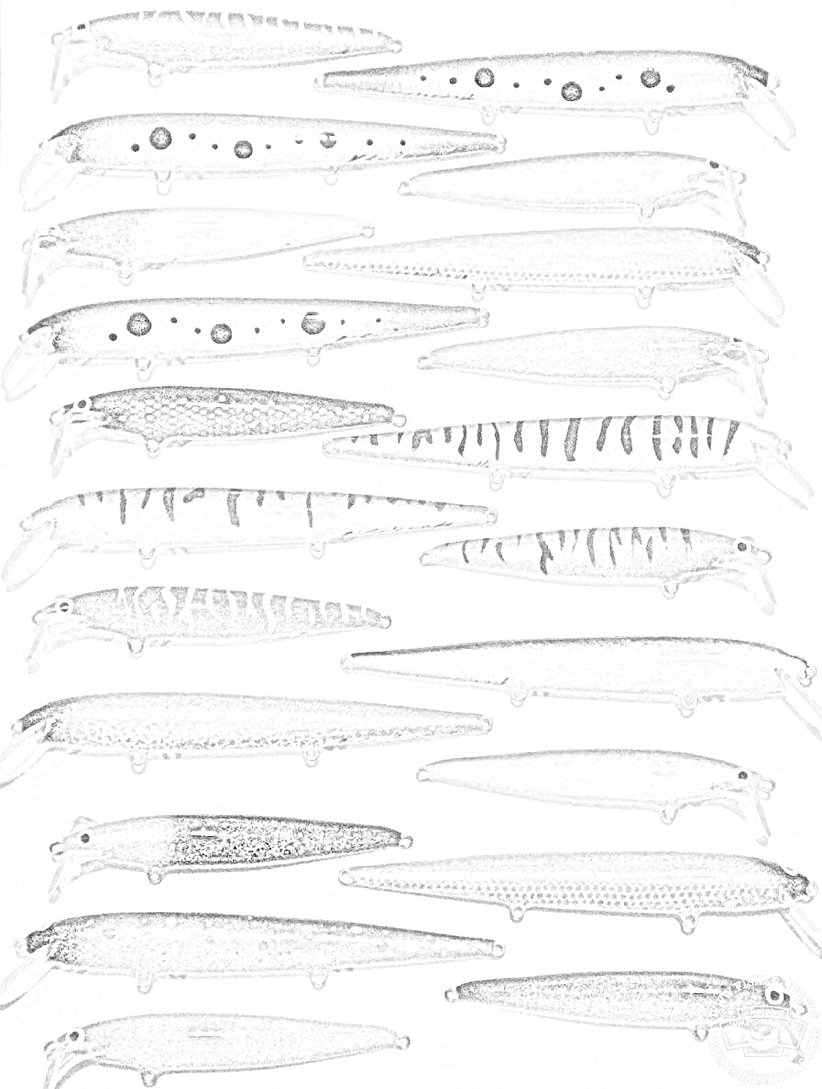 Воблеры различных видов, включая модели с точками, полосками и однотонные приманки