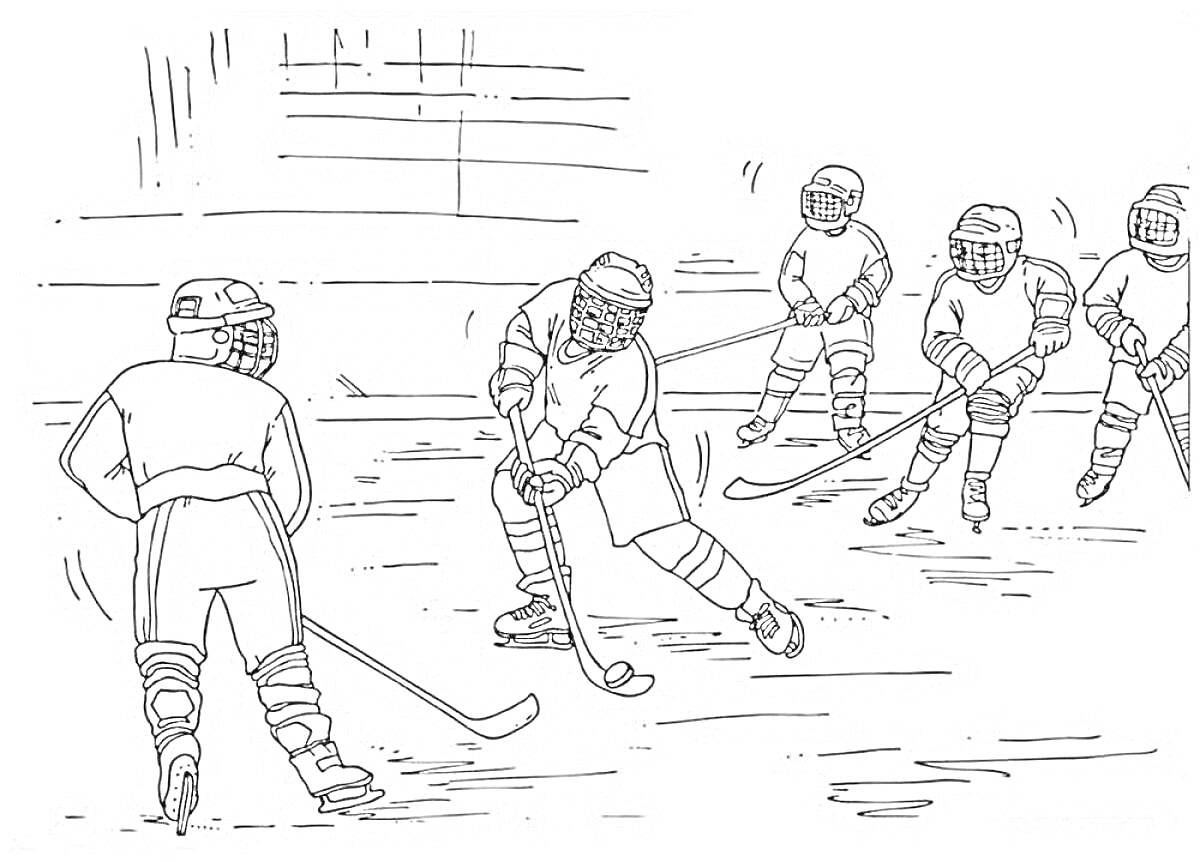 Раскраска Хоккейный матч: игроки в шлемах и защитной экипировке с клюшками, играющие на льду