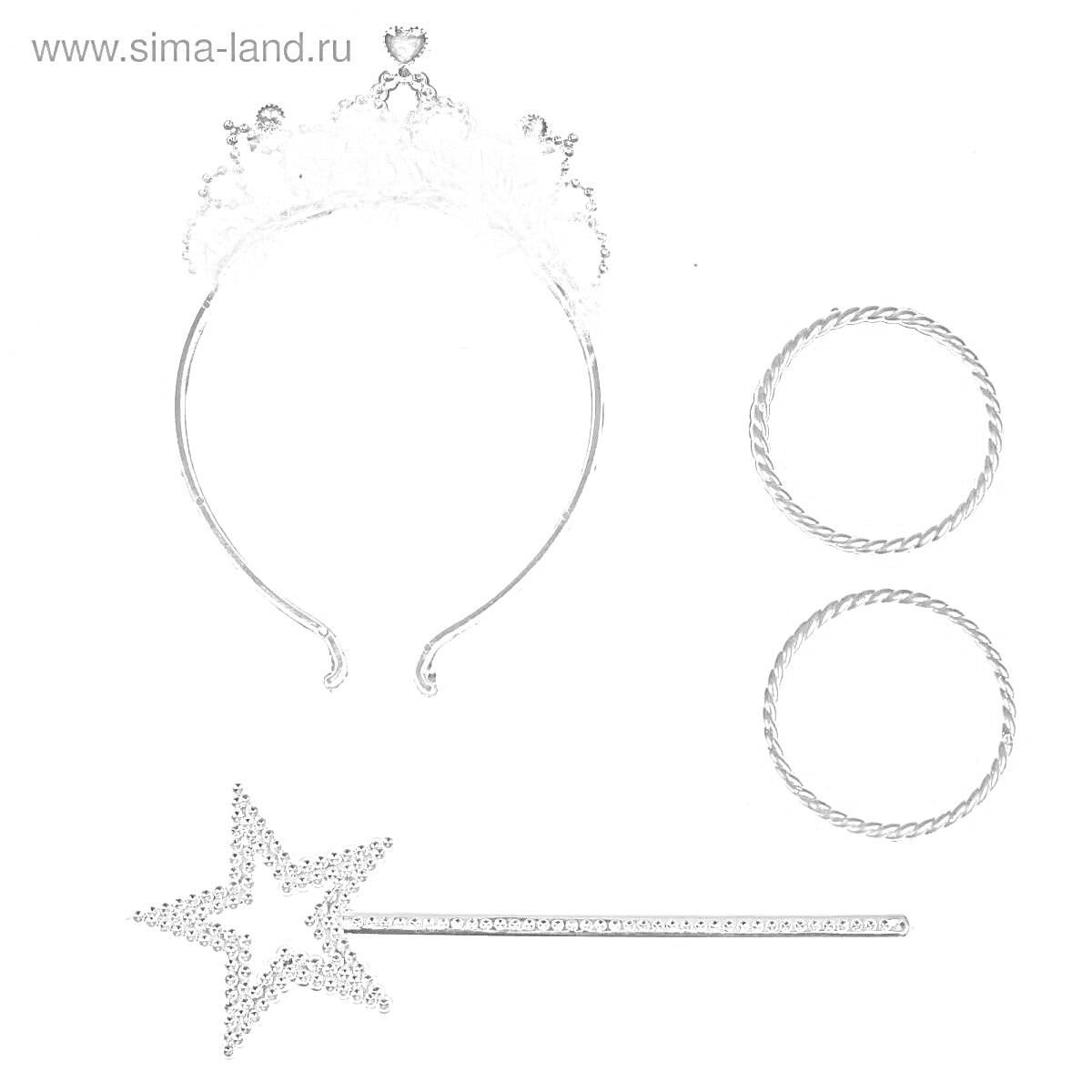 Раскраска Ободок с короной, две браслета, волшебная палочка в виде звезды