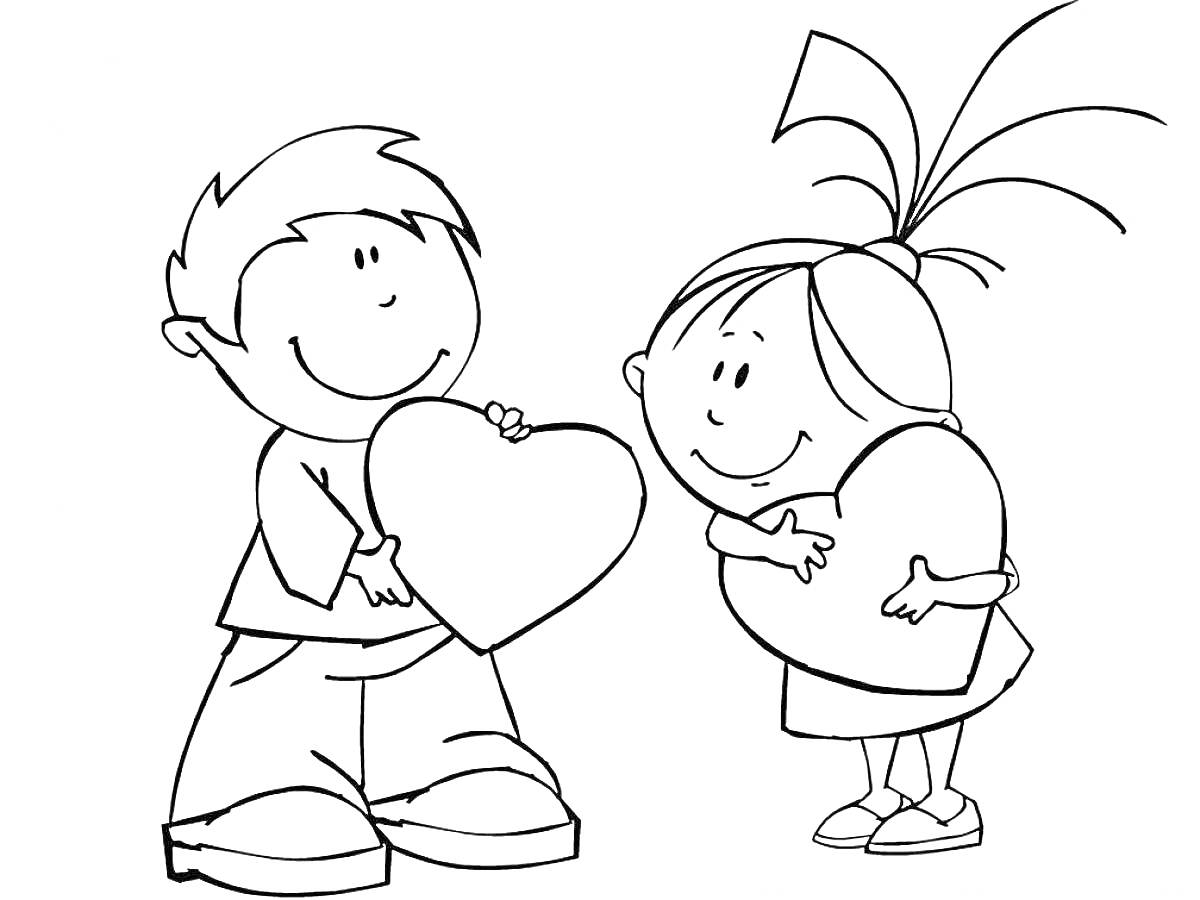 Мальчик и девочка с сердцами, поздравляющие друг друга с Днем Святого Валентина